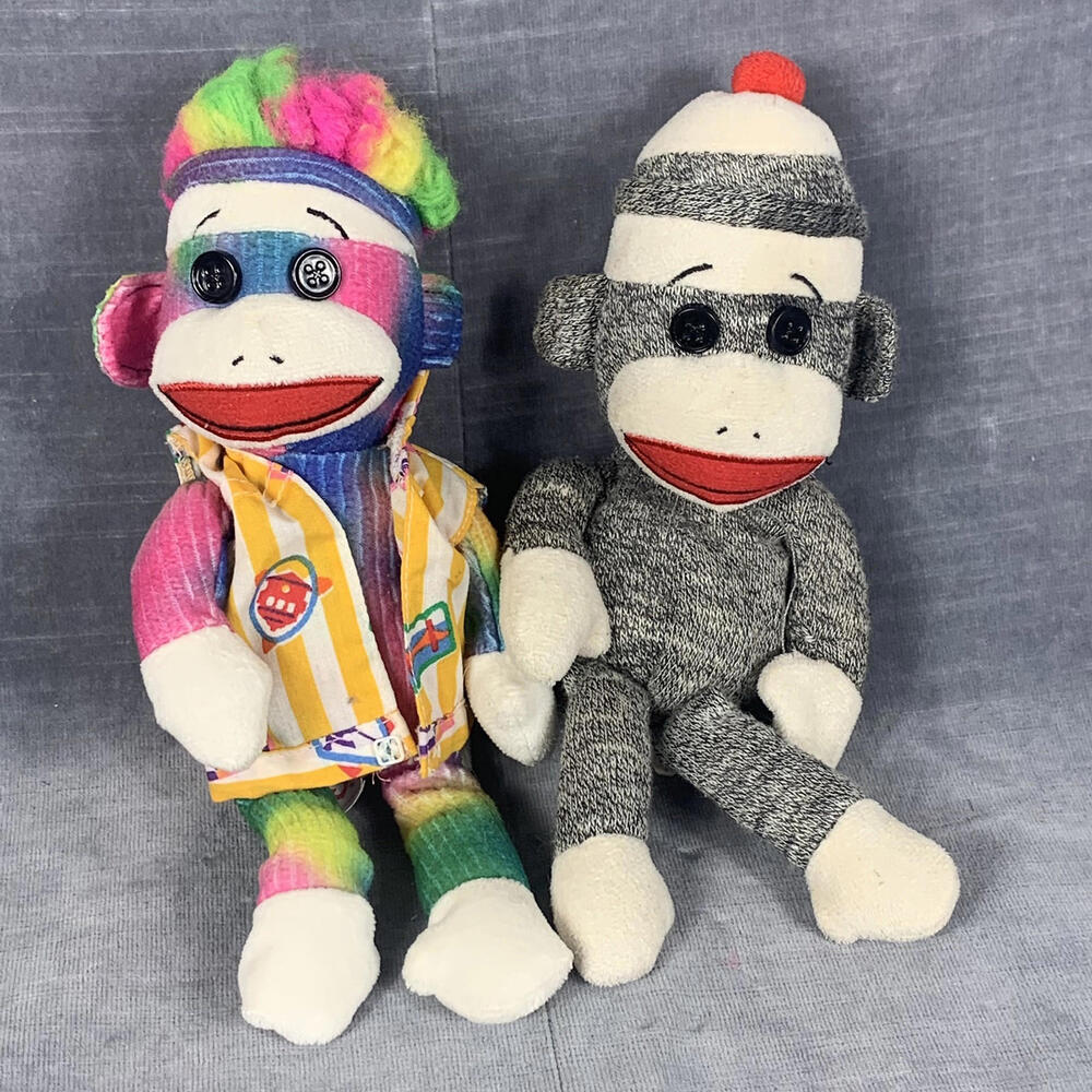 Ty Beanie Babies - Rainbow Sock Monkey 9” With Original Sock Monkey 2 Plush Toys